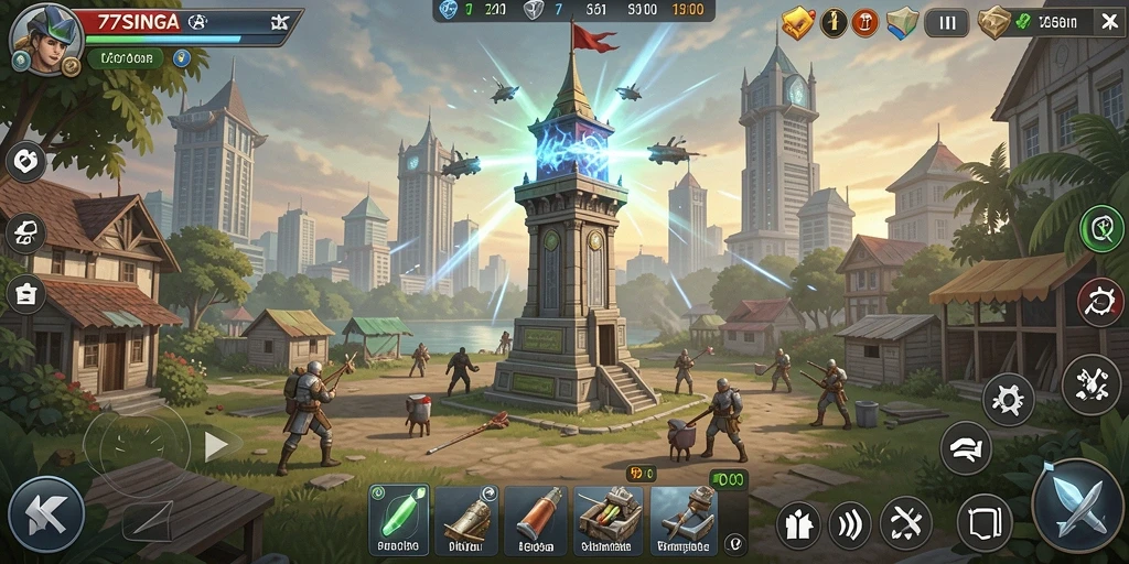 Tampilan gameplay menara pertahanan dalam 77SINGA yang mendebarkan.