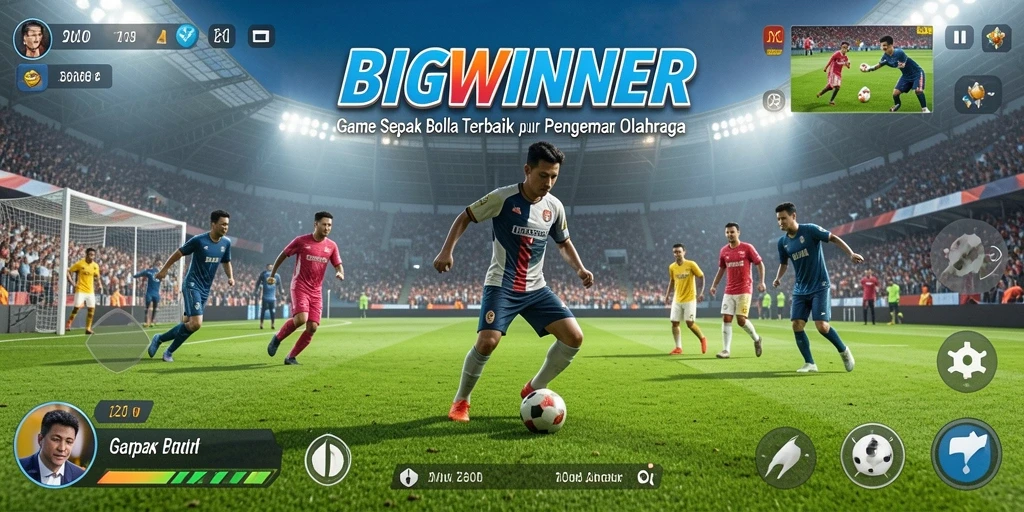 Tangkapan layar permainan BIGWINNER menampilkan aksi sepak bola yang mendebarkan.