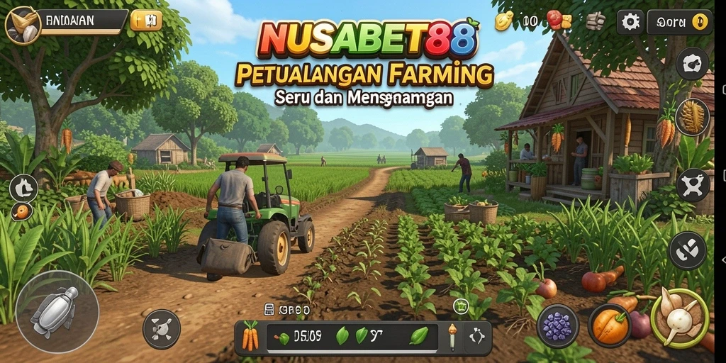 Tampilan gameplay NUSABET88 dengan ladang hijau dan hewan peliharaan.