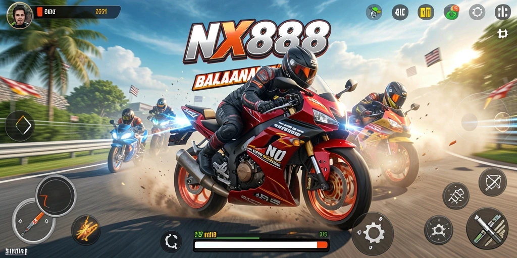 Gameplay NX888 menampilkan balapan motor yang menegangkan dan seru.